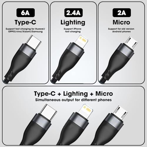Image of Sounce 100W /6A Speed Fast Charging USB 3.0 Cable 4 Ft /1.2m to 3-in-1 Long Charging Cord with Type C + Micro USB + Lightning Connector 480 Mbps Data Transfer for Laptop,Tablets,Smartphones & More,Black