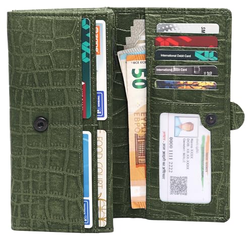 Image of WildHorn Women's Genuine Leather RFID Blocking Wallet | Tri-Fold High-Capacity Ladies Purse with Card Slots, Zipper Coin Pocket & Snap Closure | Ideal Gift for Women (Green Croc)