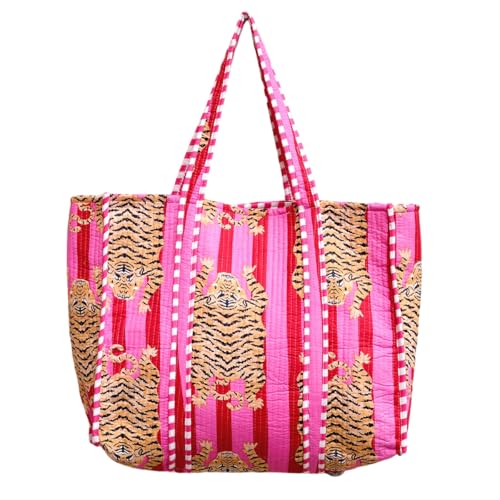 Image of YILLE Cotton Quilted Floral & Tiger Print Tote Bag, 18 x 18 inches For Grocery Shopping, Travel