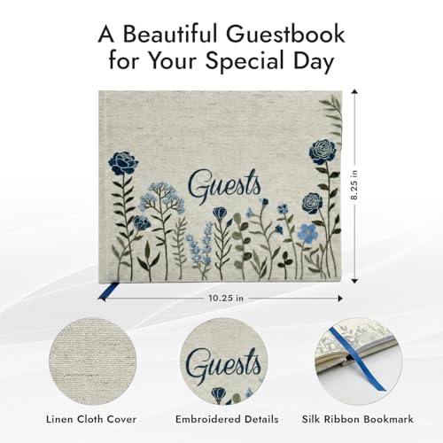 Image of Linen Embroidered Photo Wedding Guest Book-Premium Hardcover Polaroid Guestbook for Wedding Reception, Baby Shower, Bridal Shower, Funeral, Graduation -160 Pages for Notes 10.25 inch x 8.25 inch (Dusty Blue)