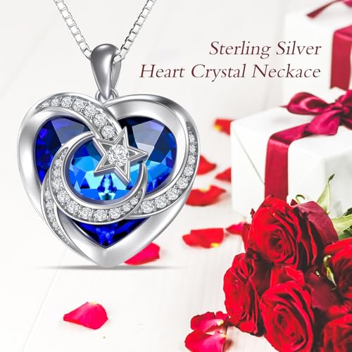 TOUPOP Heart Birthstone Necklace 925 Sterling Silver Moon and Star Pendant Necklaces Heart Crystal Jewelry Birthday Christmas Gifts Women4