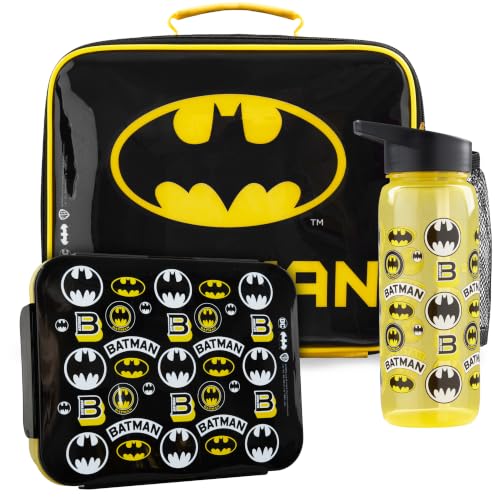 Get Trend DC Comics Batman Insulated Lunch Bag 3Pc Set with Reusable Bento Box and 21.6 fl oz BPA-Free Water Bottle with Straw Lightweight Kids Lunch Box Gifts for Boys (Black/Yellow Batman)