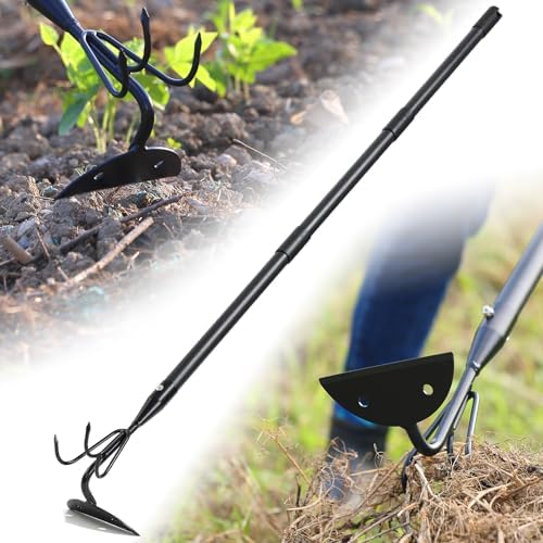 52'' Hoe Garden Tool，2-in-1 Weeding Rake with Round Hoe Head for Weeding and Three-Pronged Rake Claws for Soil Aeration, Suitable for Gardening Turning Soil Weeding Ideal for Seniors and Gardeners
