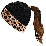 C.C Exclusives Solid Color Ribbed Beanie Ponytail hat with Leopard Pattern Cuff (MB-80) (Black)