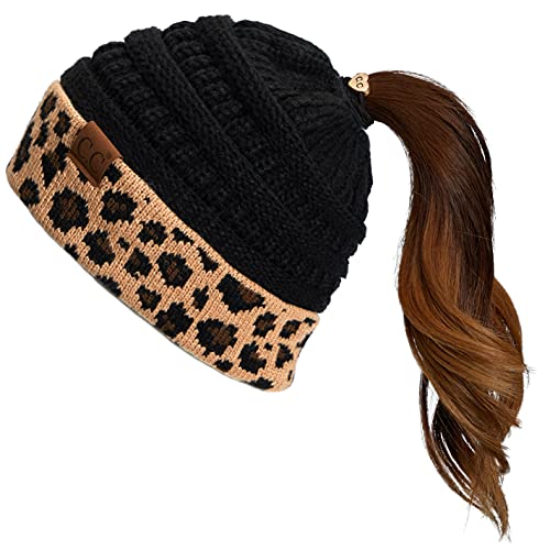 C.C Exclusives Solid Color Ribbed Beanie Ponytail hat with Leopard Pattern Cuff (MB-80) (Black)