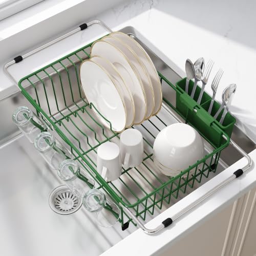 Image of JASIWAY Green Dish Drying Rack in Sink, Dish Drainer with Utensil Holder