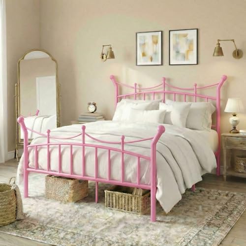 SHA CERLIN 14 Inches Full Size Metal Platform Bed Frame with Crown Style Victorian Headboard & Footboard, Ample Under Bed Storage, Noise Free, Easy Assembly, No Box Spring Needed, Pink