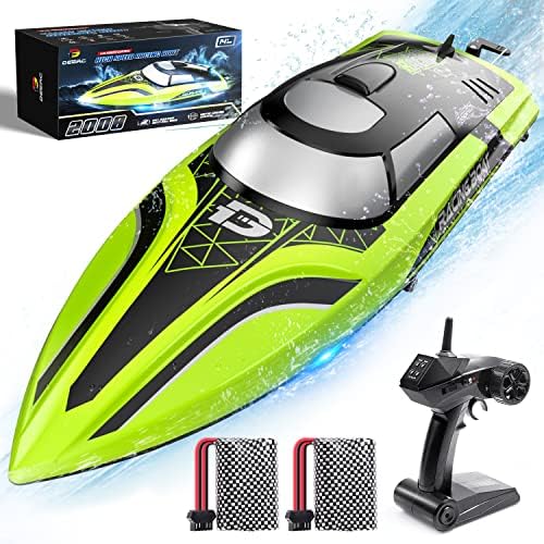 DEERC RC Boat with LED Light, 30+ Mins, Self Righting Remote Control Boat for Pools &amp; Lakes, 20+ MPH, 2.4GHz Racing Boats, 2 Battery, Pool Toys for Kids, Radio Controlled Watercraft