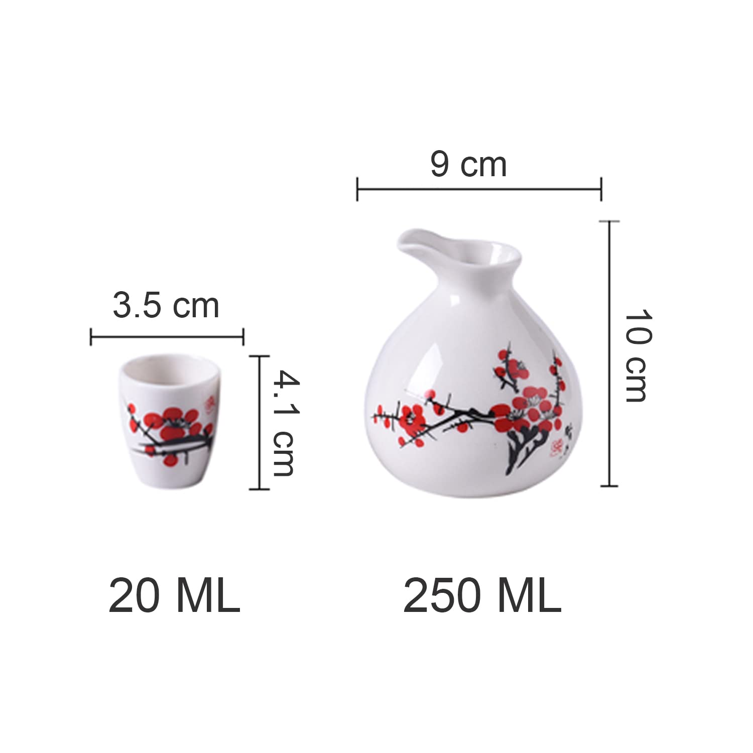 Set da 9 pezzi per sake, motivo a fiori di pruno rosso dipinto a mano Set tradizionale di tazze per sake in ceramica retrò, con 1 vaso per sake e 8 tazze per sake, design elegante Miglior regalo per