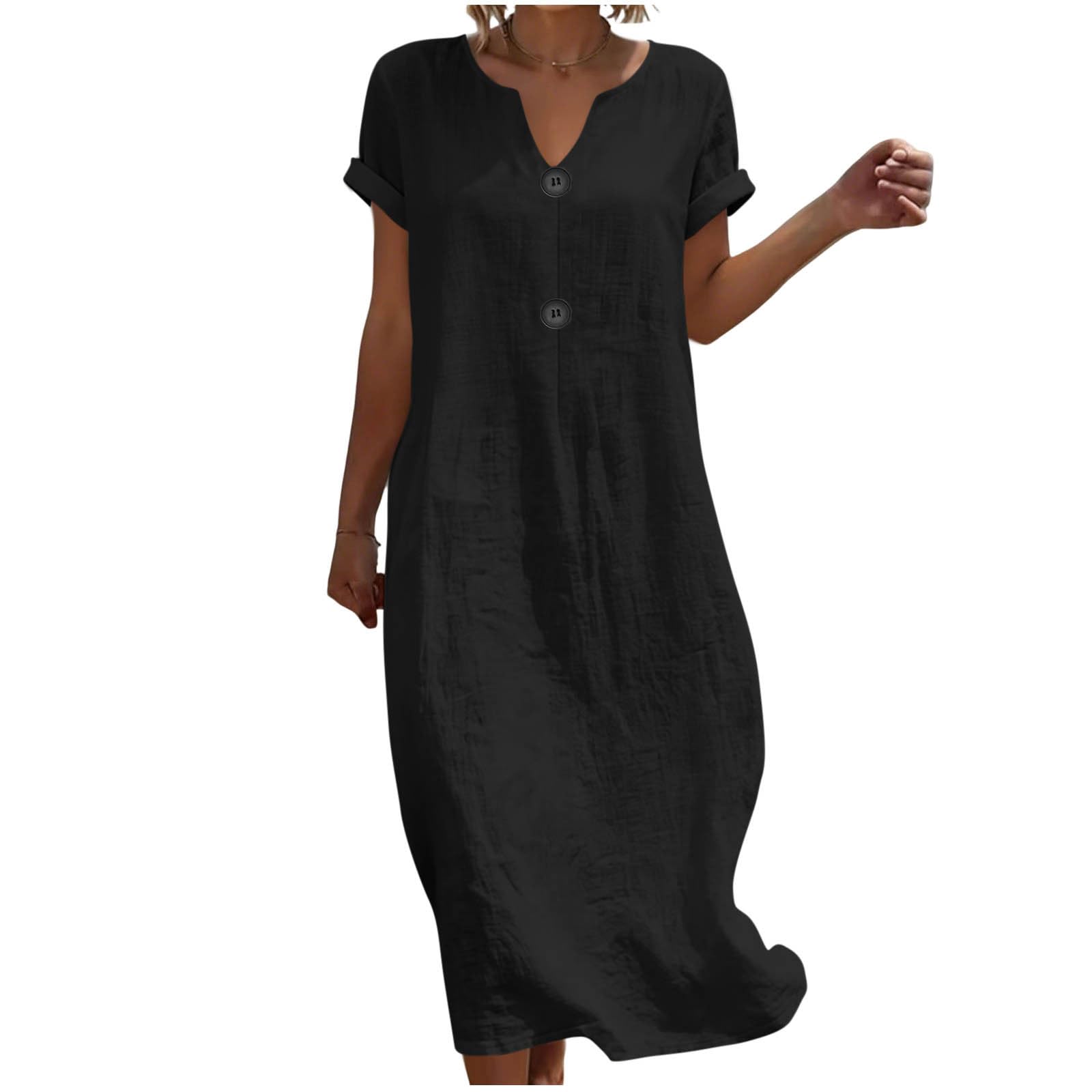 Strandkleid Damen Sommerkleid Damen Leinenkleid Midi Kleid Leicht und Luftig Musselin Kleid V-Ausschnitt Kurzarm Etuikleid mit Knopf Weich Shirtkleid Einfarbig Midikleid Hohe Taille Sommerkleid
