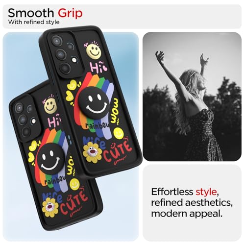 Image of Pikkme Back Cover for Samsung Galaxy A52 / A52s 5G | Soft Silicone| Cute Rainbow Smile & 3D Cartoon Flower Design | Shockproof Raised Camera Protection Bumper Case (Black)
