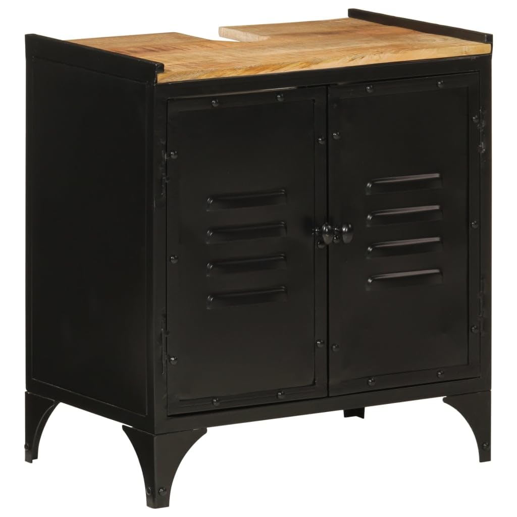 Meuble de lavabo en bois de manguier massif avec fixation murale - Meuble de lavabo en fer et bois massif au design industriel pour votre salle de bain