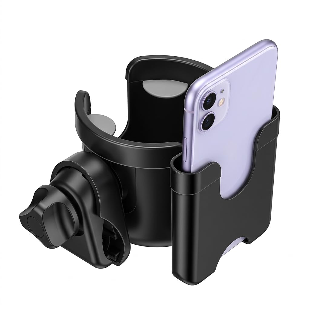 Suranew Universal Stroller Cup Holder, Adjustable Drink Holder with Phone Holder for Baby Stroller, Wheelchair, Walker, Bike, Scooter, Gifts for Family Member.