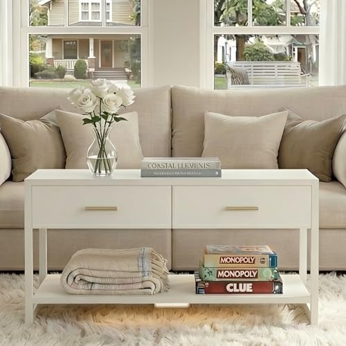 Image of Multi-Functional Coffee Table with Foot-Sensor Light, 2 Large Drawers & Open Shelf, Sturdy Frame Versatile Coffee Table with Vintage Metal Handle for Living Room /Office /Outdoor Patio