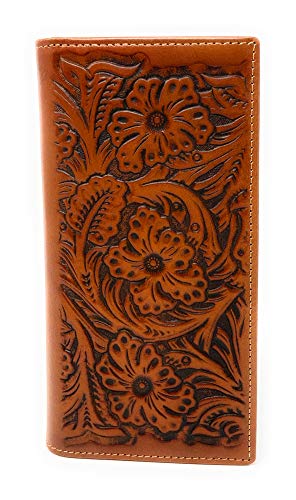 Premium Genuine Leather Floral Tooled Laser Cut Woven Men's Long Bifold Wallet in 3 Colors (Brown)