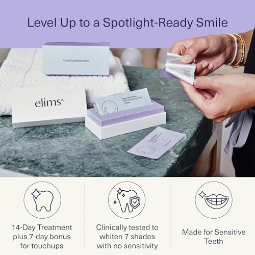 Image of ELIMS Teeth Whitening Strips for Sensitive Teeth 21 Treatments - Food-Grade & Made by Dentists - Whiten Up to 7 Shades - Dissolving Mess-Free Application - Visible Results in 14 Days - 42 Strips