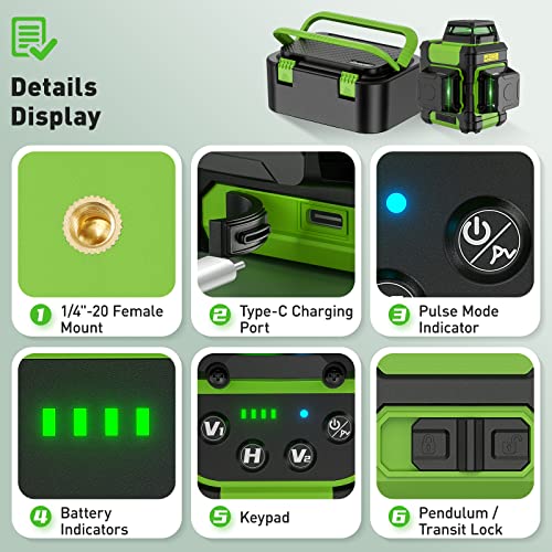 Miniatura 9 de Huepar 3d Nivel Láser De Línea Cruzada Autonivelante 3 X 360 Green Beam Herramienta De Nivelación Y Alineación De Tres Planos, Batería Recargable De Litio, Cable Type-C Y Estuche Rígido- Hm03cg