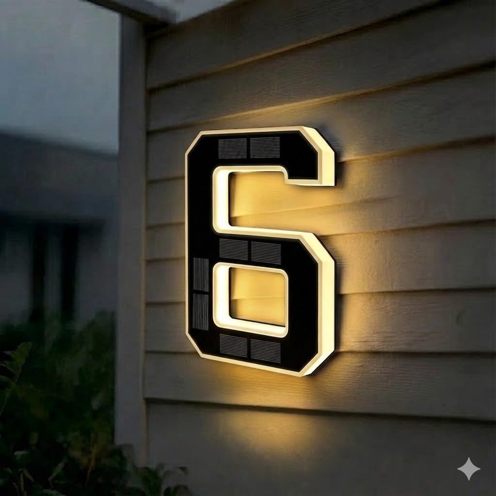 Solar House Numbers for Outside, 4.7"/6.7"/9" LED Lighted Address Sign for House, IP65 Waterproof Illuminated Modern Numbers, Dusk to Dawn Auto-Glow for Home Mailbox Yard(6-Black,9")
