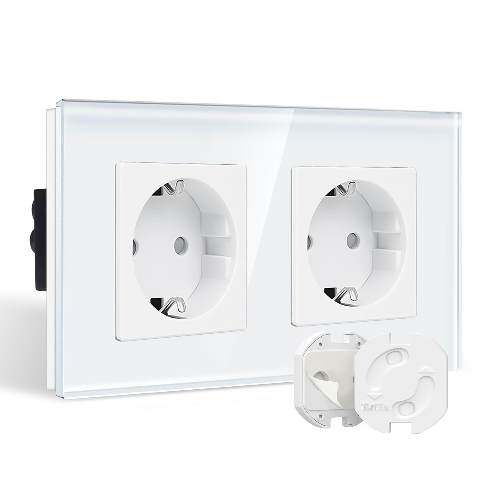 CNBINGO Glass Double Socket Flush-Mounted in White - Socket Protection Child Lock with Twist Mechanism - Double Schuko Socket - Protective Contact Wall Socket with Glass Frame