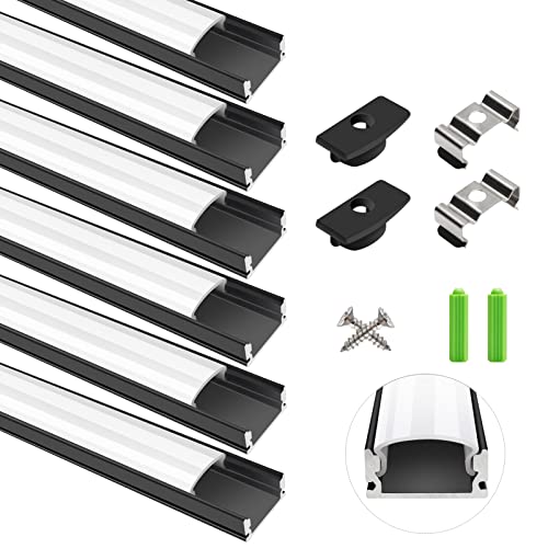 LightingWill 6-Pack LED Aluminum Profile, 3.3ft/1Meter LED Aluminum Channel Black U-Shape LED Diffuser with Milky White Cover, End Caps and Mounting Clips for LED Strip Lights