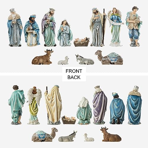 Image of Glitzhome Nativity Set for Christmas Indoor Decorations, 12-Piece Large Blue Nativity Figurines Sets 15.5 inch x 45.00 inch, Resin Tabletop Scenes Figures Xmas Collectibles Figurines Statue Holiday Decor