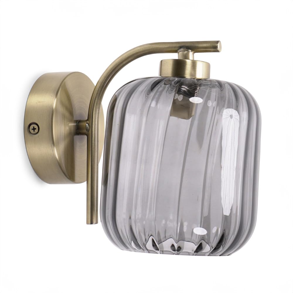 ValueLights | Gold Curved Bar Wall Light Fitting with Smoked Ribbed Glass Shade | Wall Lamps & Sconces, Home Décor & Improvement Essential | Includes Bulb | Mains Wired
