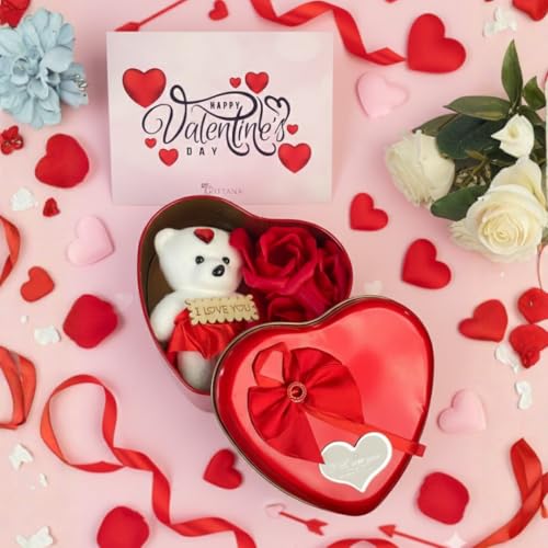 Image of Giftana Heart Shape Valentine's Day Gift Box with Teddy & 3 Artificial Roses, Reusable Keepsake Tin, Everlasting Romantic Gift, Multicolour, Heart Tin Box (Teddy and Roses)