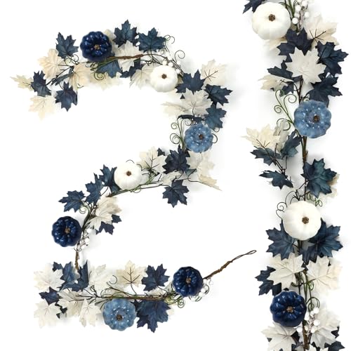 6ft Fall Decor Blue Pumpkin Garland Long Thanksgiving Garland Autumn Maple Leaves White and Blue Pumpkins Wreath Hanging Rustic Decor for Front Door Kitchen Fireplace Home Indoor Outdoor