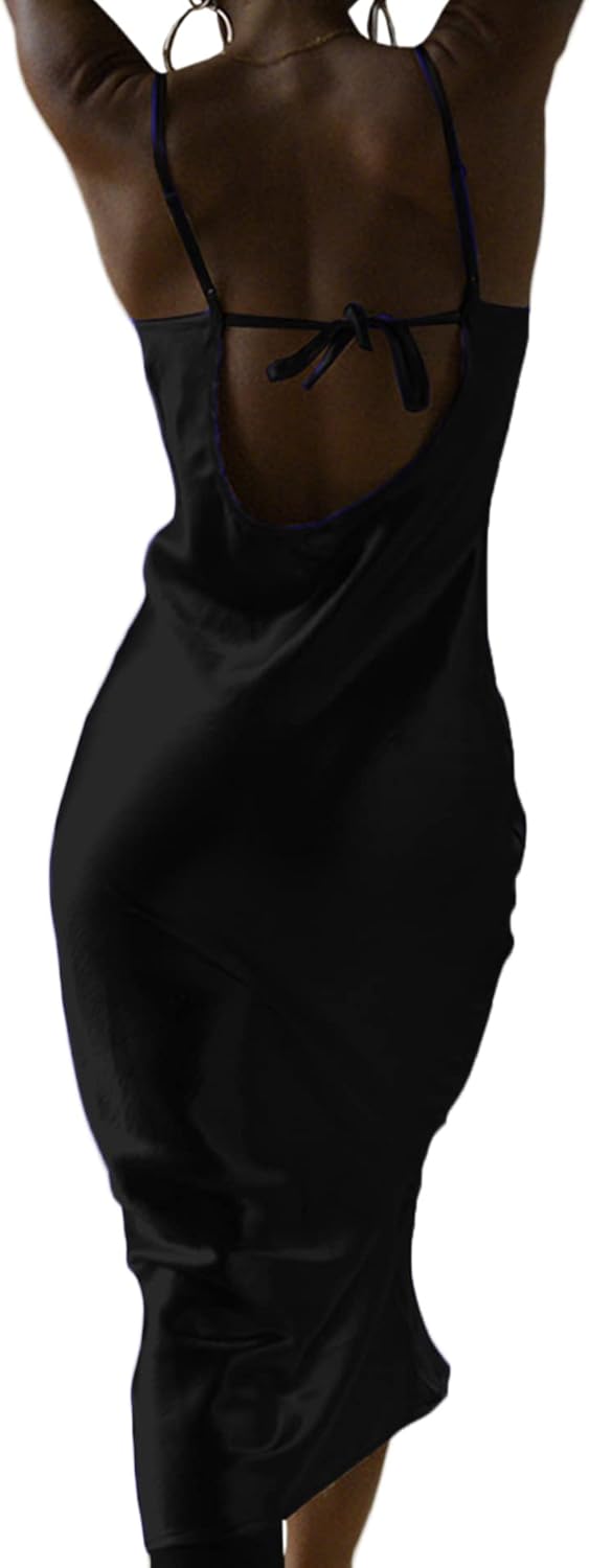xxxiticat Women's Sleeveless Spaghetti Strap Satin Dress Cocktail Beach Evening Party Cowl Neck Back Tie Up Maxi Dresses - Image 2