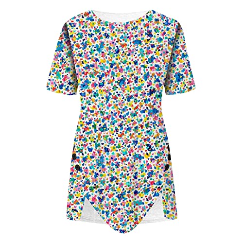 Light Blue M Shirts For Teens Girls Short Sleeve Crew Neck Tops Lightweight Button Down Shirt Flowered Irregular Hem Blouses Tunic Tops #TOP4