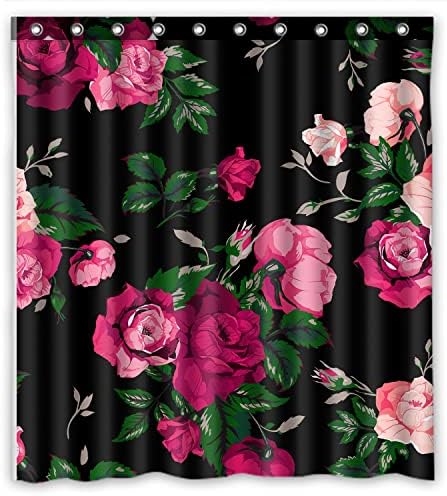 FMSHPON Red Rose Flower Pink Floral Black Background Elegent Waterproof Shower Curtain 66 x 72 Inches