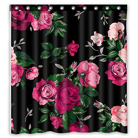 FMSHPON Red Rose Flower Pink Floral Black Background Elegent Waterproof Shower Curtain 66 x 72 Inches Cover