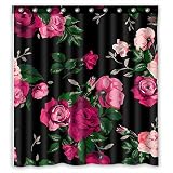 FMSHPON Red Rose Flower Pink Floral Black Background Elegent Waterproof Shower Curtain 66 x 72 Inche