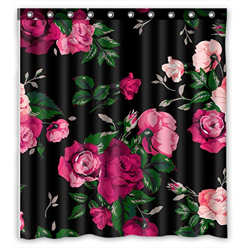 Fmshpon Red Rose Flower Pink Floral Black Background Elegent Waterproof Shower Curtain 66 X 72 Inches #TOP2
