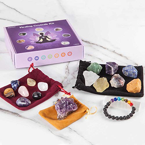 Smartyeen Healing Crystals Set,17Pcs Crystal Healing Stones Kit Include 7 Raw Chakra Stones,7 Tumbled Stones,Amethyst Crystal,Lava Bracelet And Selenite For Yoga, Meditation #TOP3