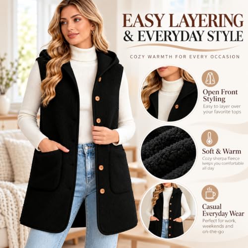Fleece Vest Women, Sherpa Fuzzy Jackets Sleeveless Hooded Button Down - image 4