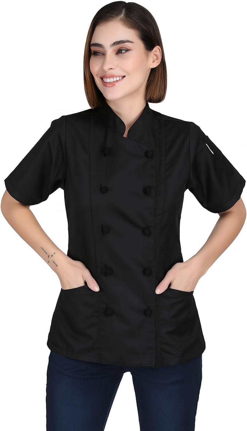 Ladies Chef Jacket – Short Sleeve Coat with Knotted Buttons | Stylish, Durable & Professional Culinary Uniform for Women