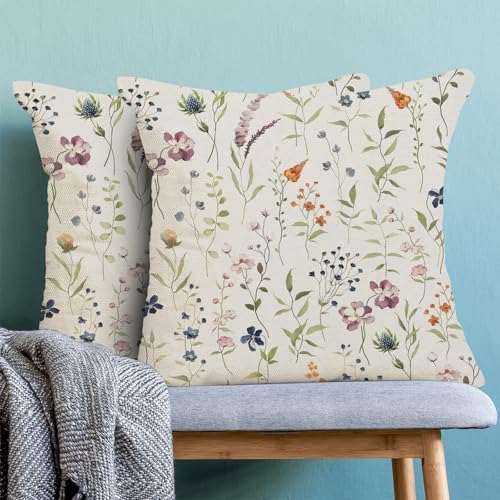 Image of AEIOAE Spring Pillow Covers 18x18 Inch Set of 2, Sage Green Colorful Wild Flower Throw Pillows Case,Seasonal Floral Plant Outdoor Decorative Farmhouse Decor Cushion Covers for Sofa Bed Couch