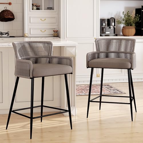 HNY Farmhouse Woven Bar Stools Set of 2, 26 Inch Linen Upholstered Rattan Barstools with Curved Backs, Modern Cane Counter Height Bar Chairs with Metal Legs and Armrest for Kitchen Island, B