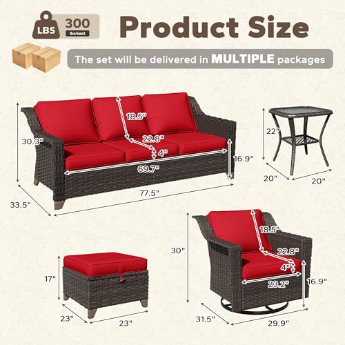 Image of 11 Piece Patio Furniture Set, Wicker Outdoor Conversation Set | Patio Chair Set with Olefin Removable Cushion, All-Weather Outdoor Couch with Deep Seat for Porch, Deck and Backyard, Red