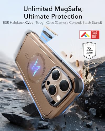 Image of ESR for iPhone 16 Pro Max Phone Case with Stand, 23ft Military-Grade Drop Protection with Camera Control, Shock-Absorbing Rugged Cover, Compatible with MagSafe Accessories, Cyber Series, Gold