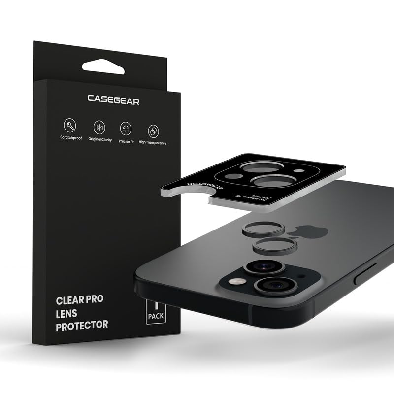 Image of CASEGEAR Clear Pro Camera Lens Protector Compatible with iPhone 15 & 15 Plus | HD Clarity | Scratch Resistant | Complete Coverage | Easy Installation | Tempered Glass | Black