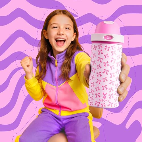 Image of Meoky 2 Pack 18 oz Insulated Stainless Steel Water Bottles for Kids Girls | 2-in-1 Straw and Spout Lid, Leak Proof, Fits in Car Cup Holder, BPA-Free for School Backpacks, Pink Bows & Rainbow Blooms