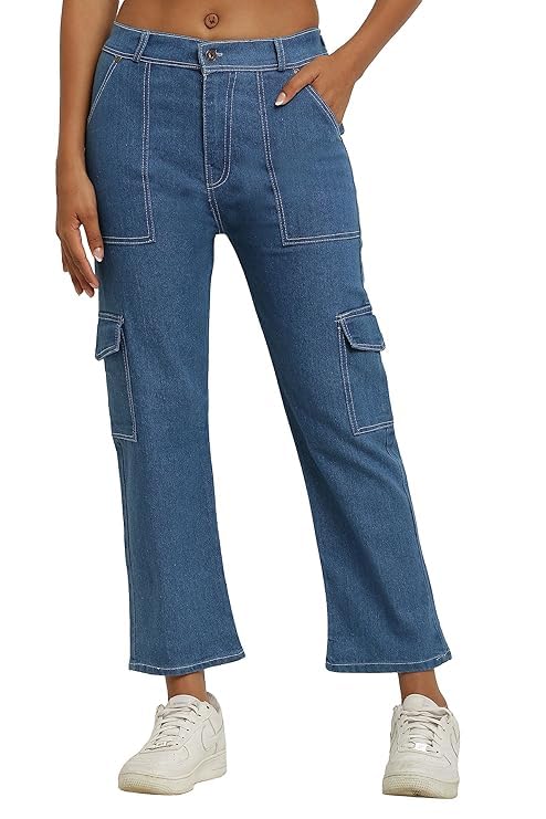 devil Women's Denim Cargo Jeans I Boyfriend Fit Full-Length Pant with Flap PocketI Stylish and Trendy Look I for Office Home Girls & Women (30 Blue)(Trendy Look)-picture-45