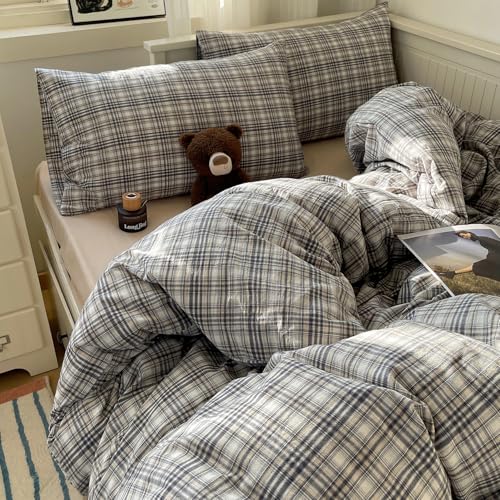 Image of MKXI King Modern Plaid Duvet Cover Set 3 Piece - Deep Navy Washed Cotton Bedding, Modern Farmhouse Check Design, Breathable & Vintage Linen Like Bedding Set with Zipper Closure