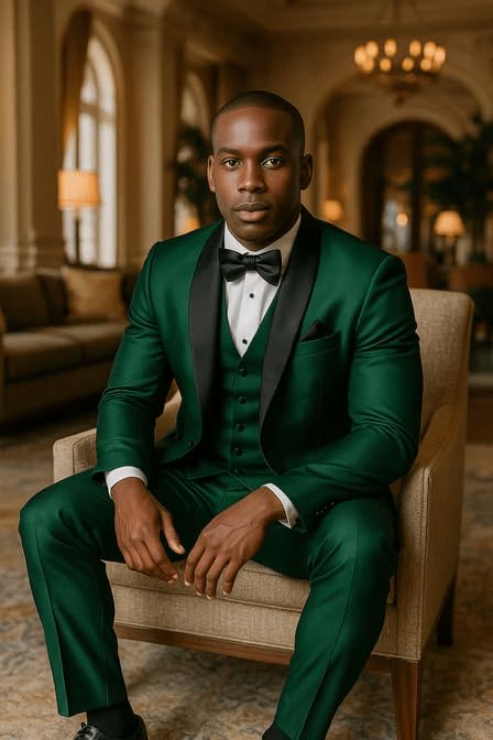 Mens Emerald Green Tuxedo with Black Satin Shawl Lapel – 3 Piece Formal Suit with Vest4