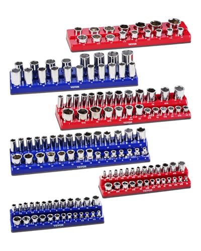 VEVOR Magnetic Socket Organizer Set, 6PCS Socket Holder, 1/4'', 3/8'' & 1/2'' Metric SAE Socket Trays with Clear Labels, Hold up to 143PCS Standard & Deep Sockets, Blue & Red (Sockets Not Included)