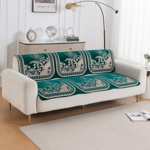 Image of HOKIPO Mehfil Teal Premium Chenille Jacquard Sofa Cover for 3 Seater for Seat & Back, 'Royal Aangan Series' (IN-1008-L7*2)
