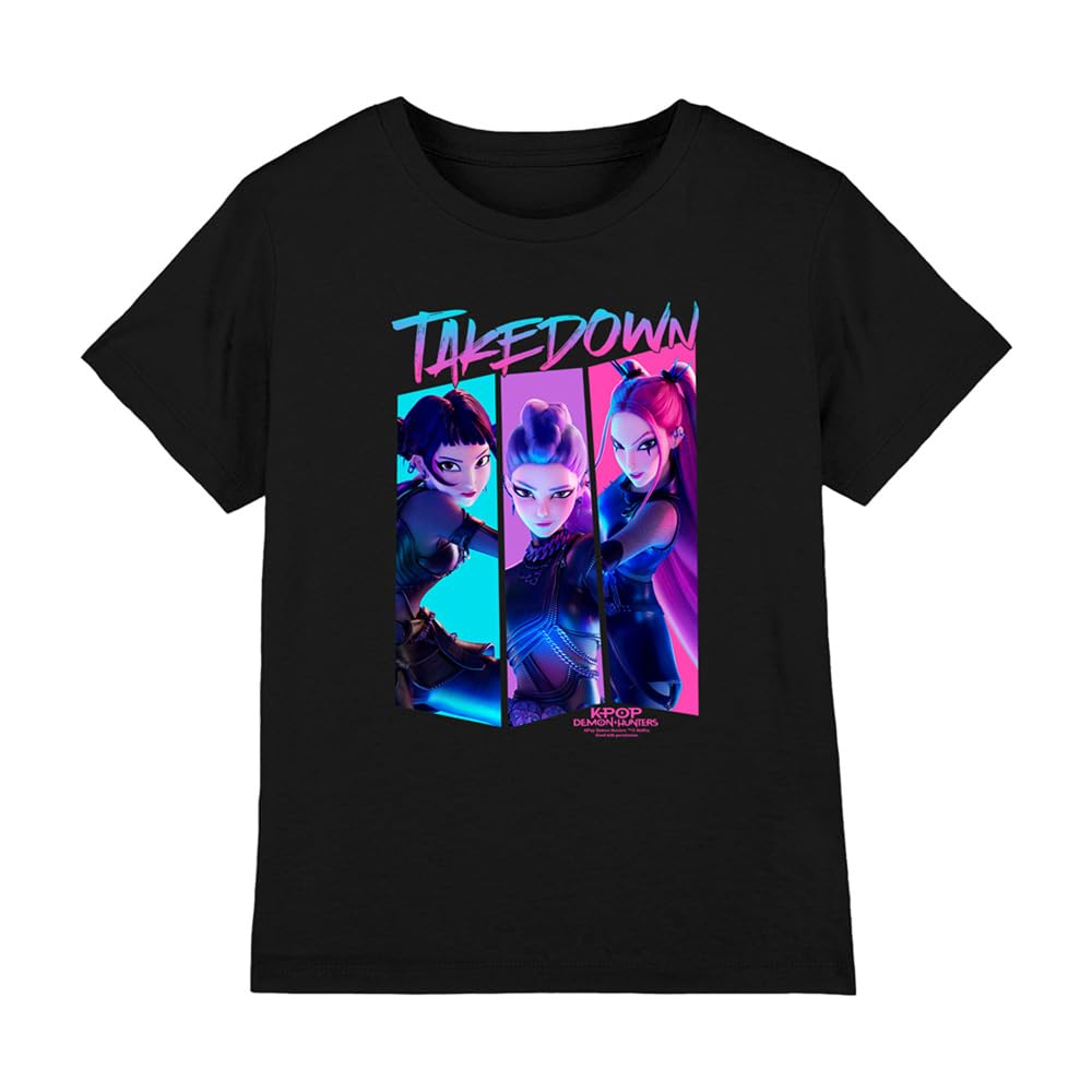 Kpop Demon Hunters Huntrix Demons Takedown Comic Kids T Shirt, Black, 12-13Y