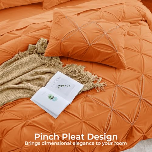 Image of Sasttie King Size Comforter Set, 7-Piece Bed in a Bag, Pintuck Bedding Set for All Season, Includes Comforter, Flat Sheet, Fitted Sheet, Pillowcases and Pillowshams, Coral Orange